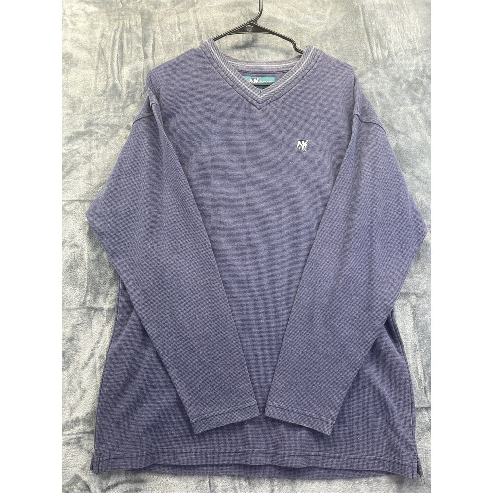 Big Dogs Mens L Blue Ribbed V-Neck LOGO Pullover Long Sleeve Sweater Shirt